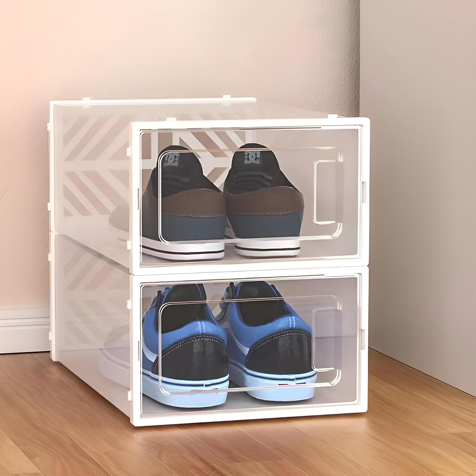 Scatole per scarpe impilabili, trasparenti, 20 pezzi, con coperchio, per soggiorno, camera da letto, vestiti, libri, CD, cinture, 92 x 70 x 34,5 cm