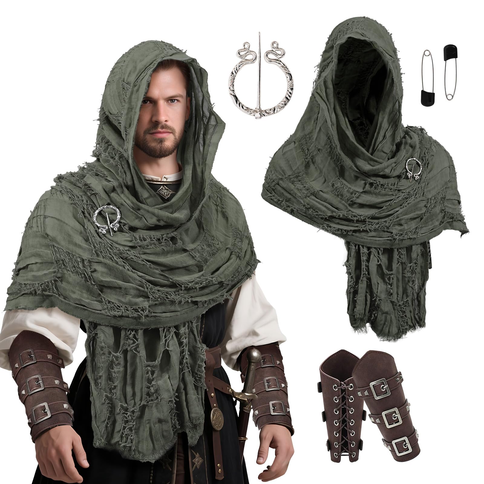 Lyxaof Adults Hooded Shawl Fancy Medieval Costume Props with Arm Guard Pin Brooch Halloween Renaissance Carnival Dress Up Accessories for Men Women