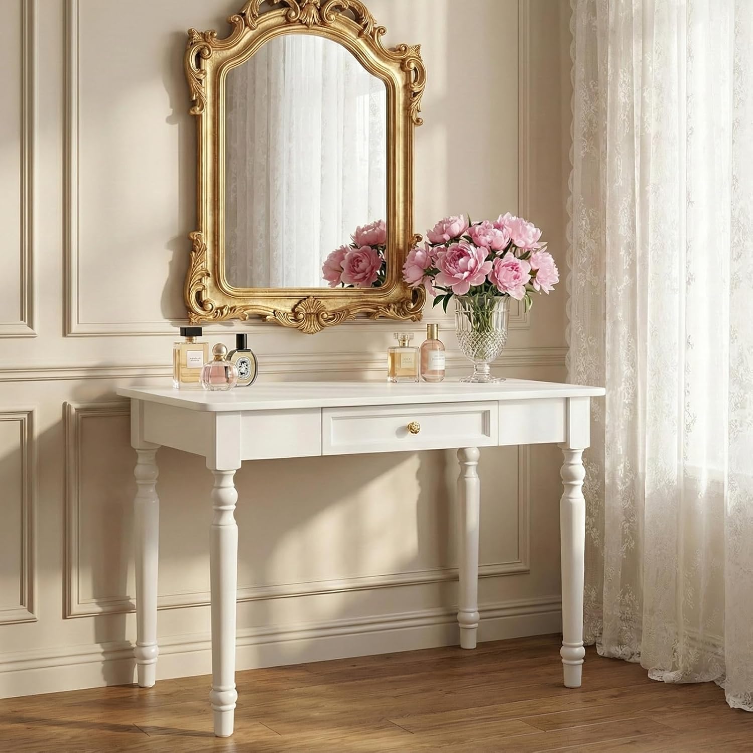Solid Wood Makeup Vanity Table with Storage Drawers, Rubberwood Dressing Table No Mirror, Rustic Country House Style Desk for Bedroom, Living Room & Hallway(White,31.5")