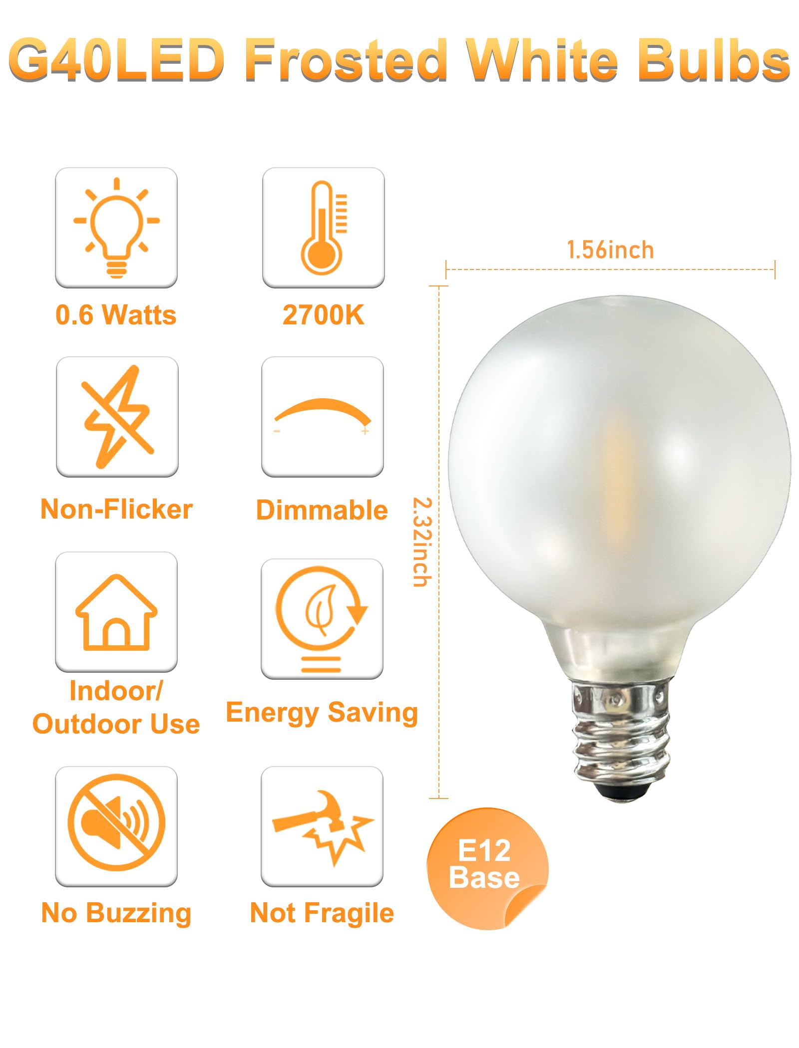 25Pack G40 LED Replacement Light Bulbs 0 6W Frosted White LED Globe Bulbs for Outdoor String Light E12 — view 2