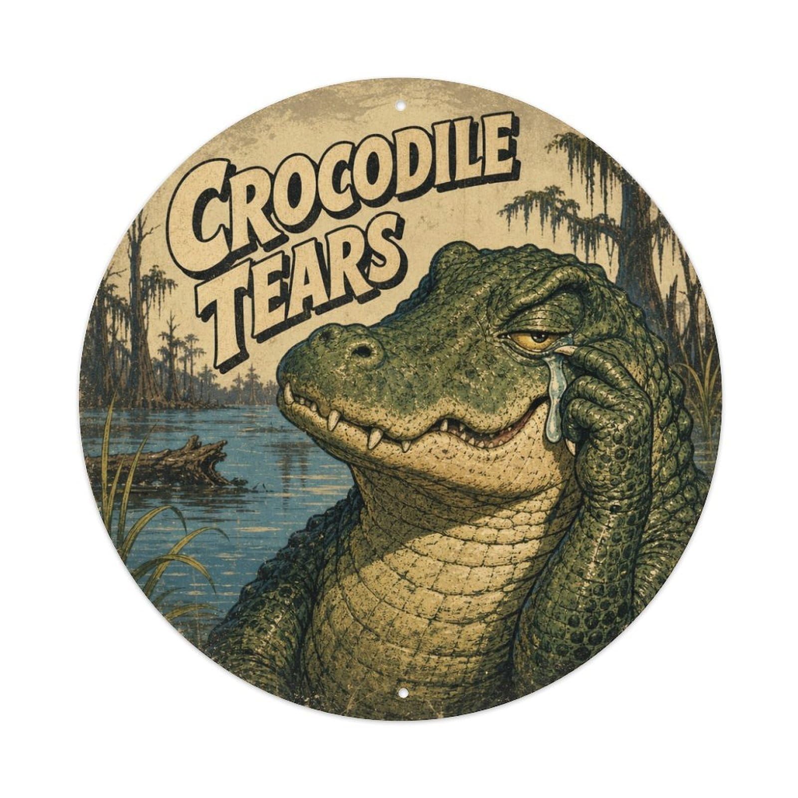Crocodile Funny Gesture Reptile Comic Cartoon Playful Metal Tin Sign Plaque Wall Decor for Cafe, Man Cave, Club Bar, Office, Home Garden Round Metal Poster 8x8Inch