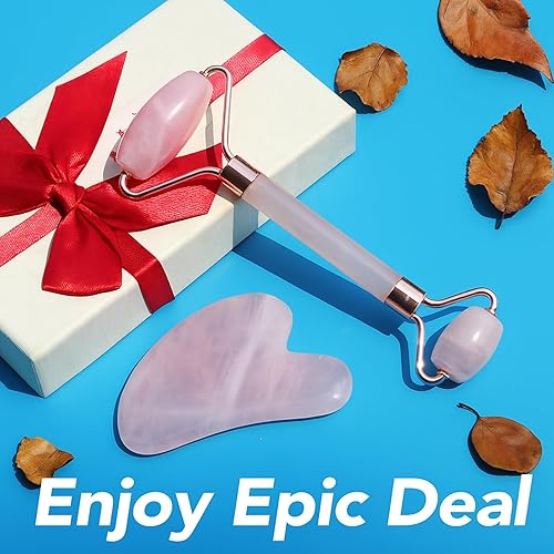 Miniatura 2 de huefull Rodillo facial de cuarzo rosa y juego de herramientas faciales Gua Sha, herramienta de masaje de drenaje linfático para aliviar la tensión