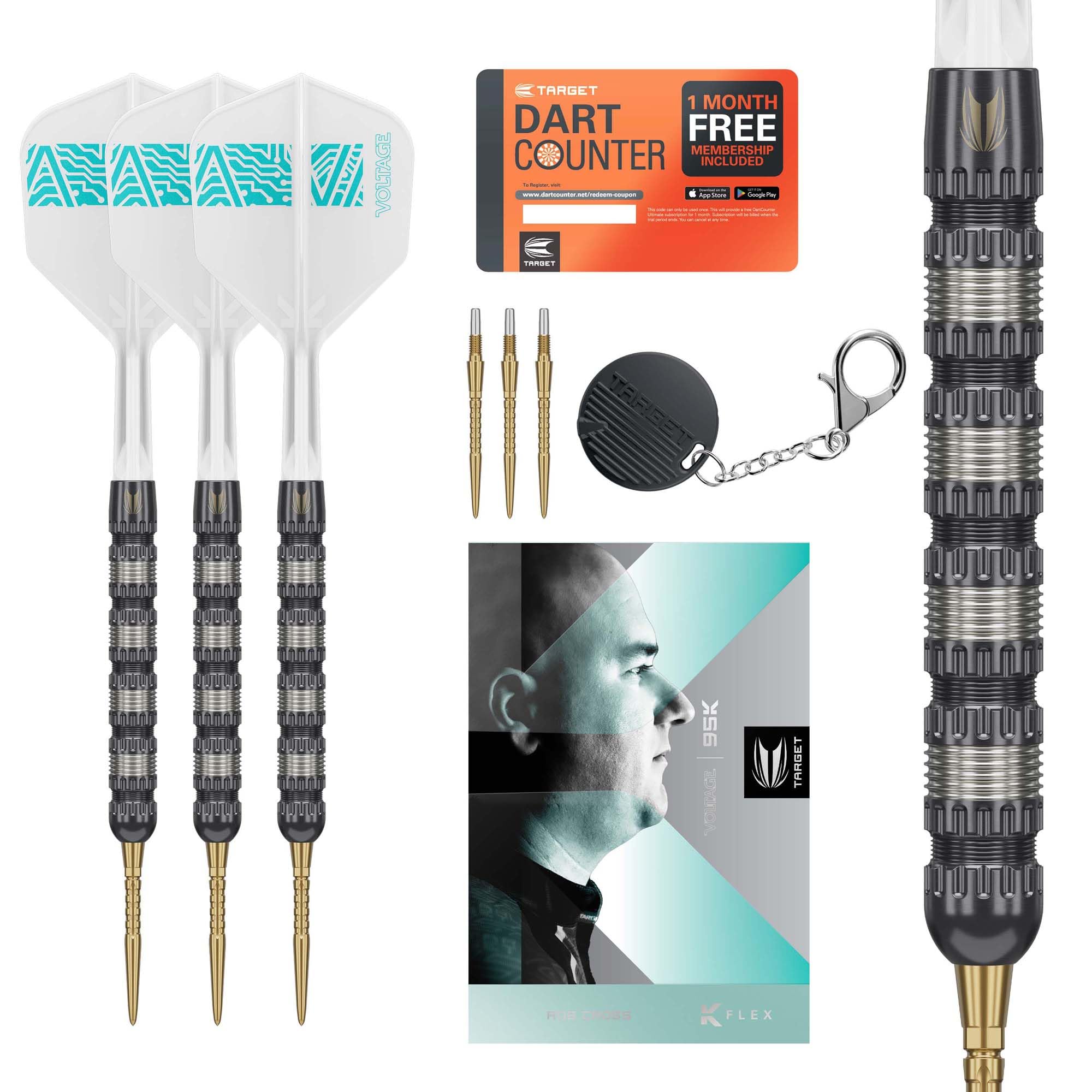 Target Darts Rob Cross 95K Steel Tip Swiss Point Darts, 95% Tungsten Darts with K-Flex Flights, 25G | Voltage Darts, Player Edition Swiss Points K Flex Dart Set, Swiss Point Tool Included