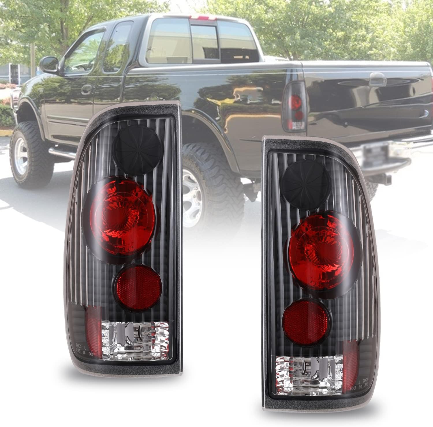 CPW Tail Lights Assembly for 1997-2003 Ford F-150 F-250 F-350 and 1999-2007 Ford SUPER DUTY F250 F350 F450 F550 F650 F750 Tail Lamps Rear Light Black Housing Smoke Lens