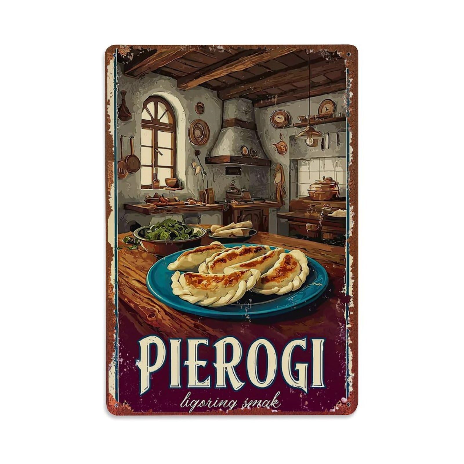 Jdfenggu Vintage Pierogi Kitchen Scene Art Print Retro Metal Tin Sign, Decor Art Poster For Bar, Home, Man Cave, Kitchen, Laundry Room Gift 8X12inch