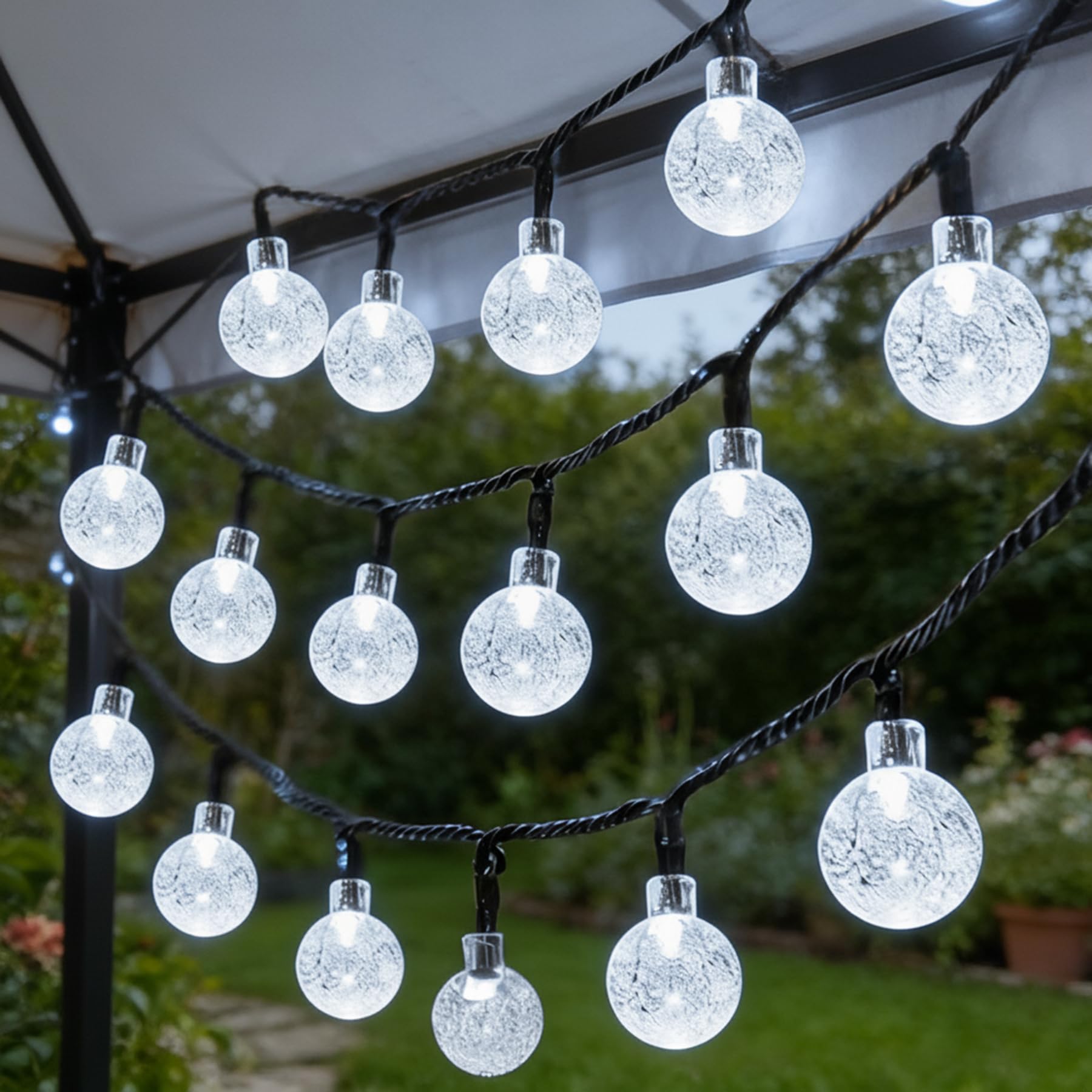 Knasin Cold White 50Led Solar Fairy Lights Garden Outdoor, 8M/26Ft Solar String Lights Waterproof Solar Powered Bubble Lights, 8 Modes With 8-Hour Timer, Suitable For Garden, Party, Yard, Decoration (Cold White)