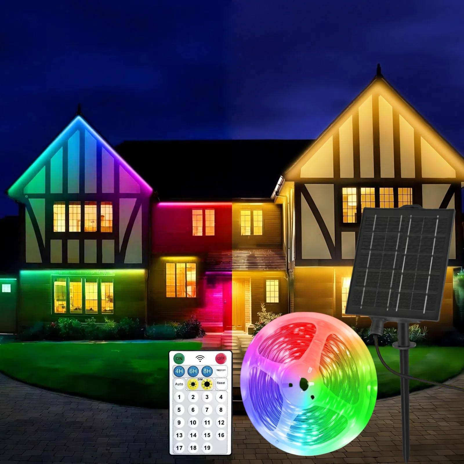 Aitesuo Solar LED Strip Lights Outdoor, 5m 320 LEDs, Solar Powered Lights Strip with Remote, Dimmable, 19 Modes, IP65 Waterproof, Cuttable, Self-Adhesive Rope Light for Party, Multicolor & Warm White