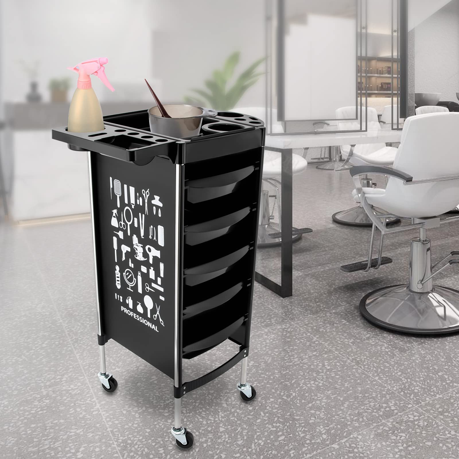 Carro de peluquería con ruedas para tatuajes, peluquería, carrito con cajones, estilista, peluquería, accesorios para salón de belleza, peluquería, SPA, salón de uñas, 52 x 36 x 90 cm (negro)