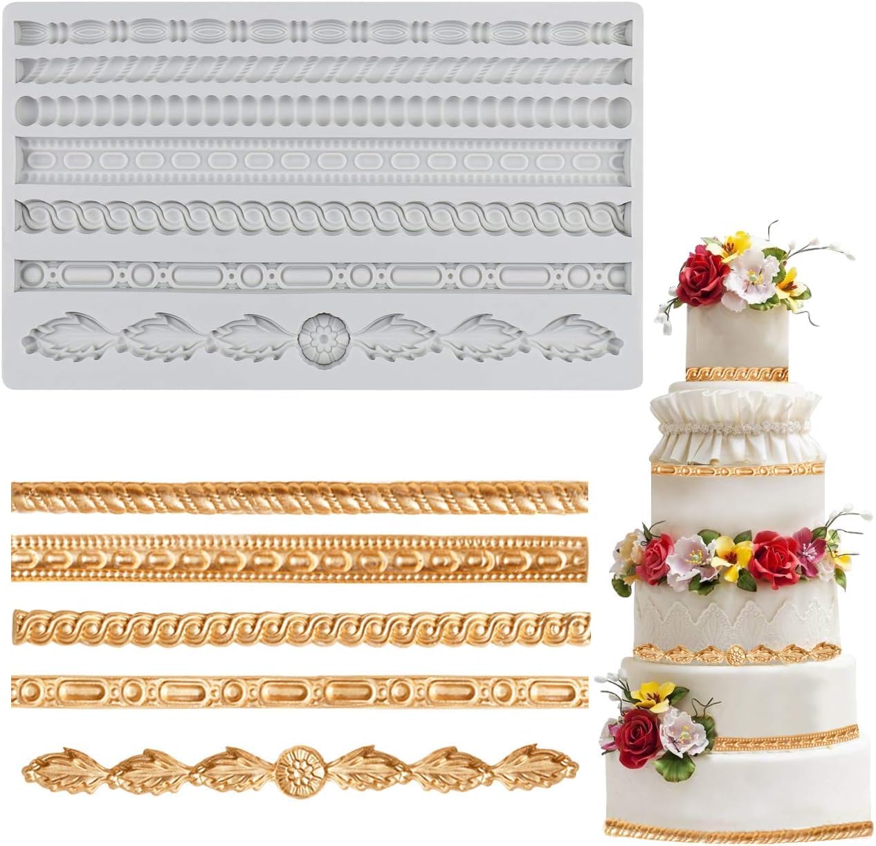 Skytail Baroque Scroll Fondant Mould, 7 line Edible lace Mould Vintange curlicues Relief Cake Border Decoration Flower Frame Birthday Wedding DIY Baking Candy Chocolate surgarpaste gumpaste Tool-image-31