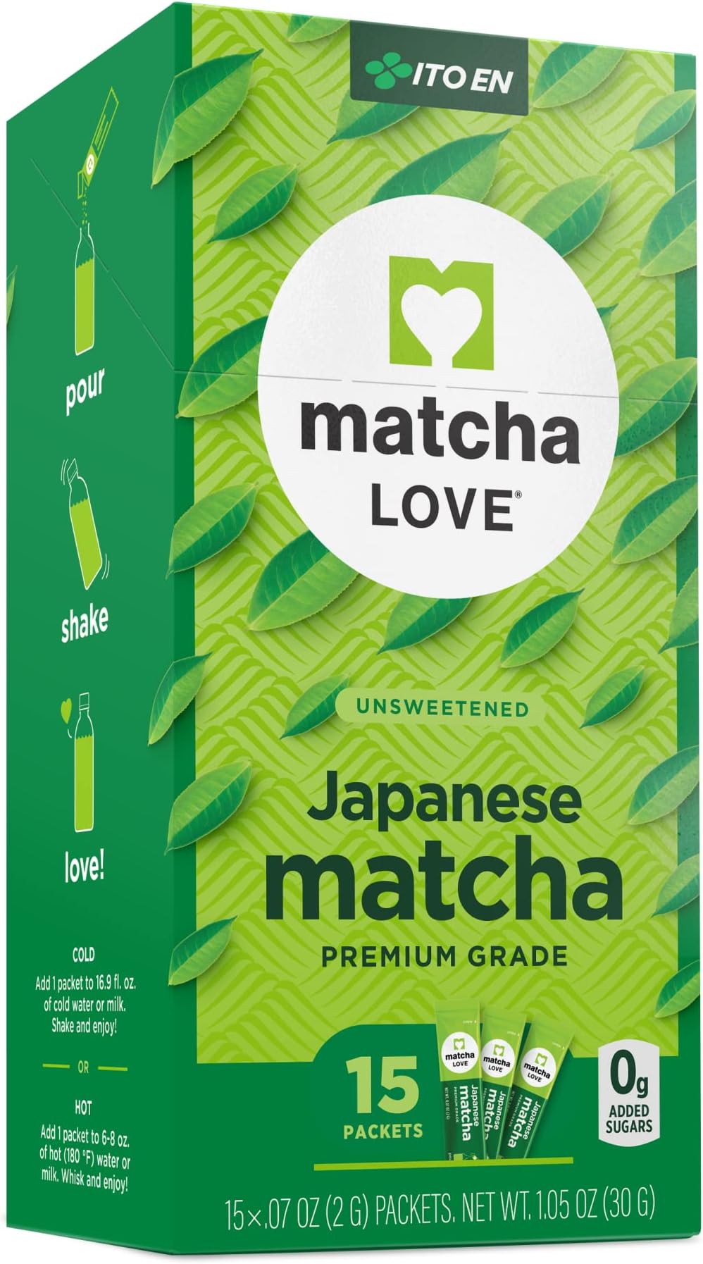 Japanese Matcha Unsweetened Green Tea Powder, 15 Single Serve Packets, 1.05 Ounces