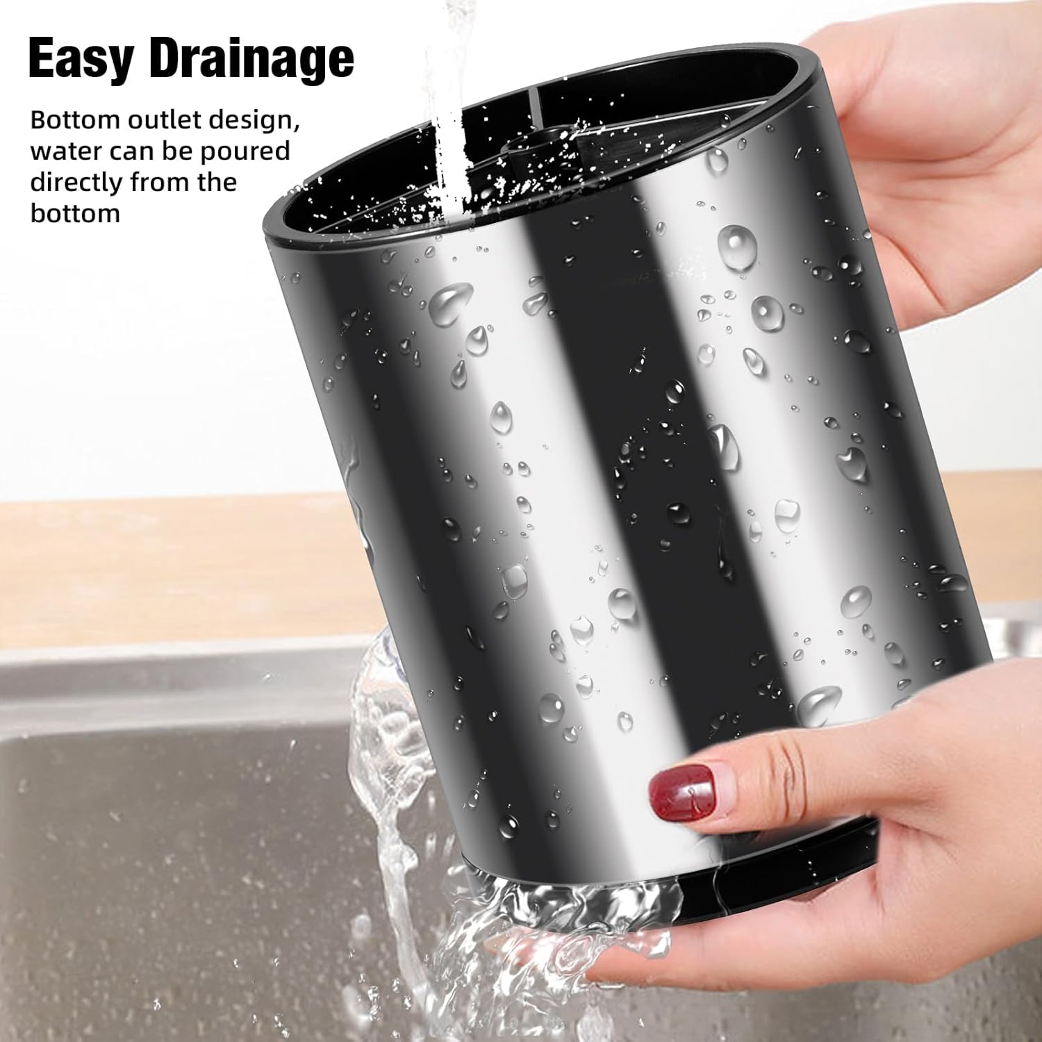 Kitchen Utensil Holder Extra Large Stainless Steel Cooking Silverware Organizer with No slip Weighted Base 360°Rotating Utensils Holder Caddy For Kitchen Counter with Drainage Hole,3 Compartment