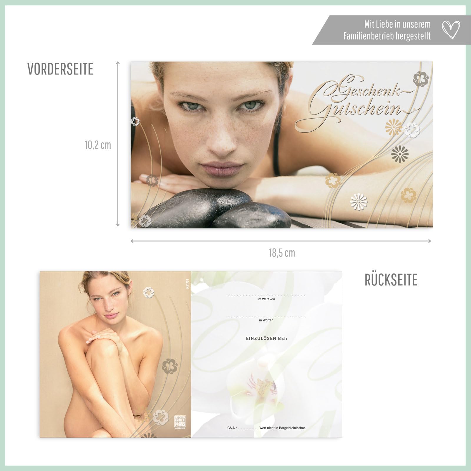 GESCHENKGUTSCHEINcom - 50 Gutscheine mit Umschlag/Schleife für Kosmetikinstitut Kosmetik Wellness - Geschenkgutschein-Vordruck blanko MA1701-2-50