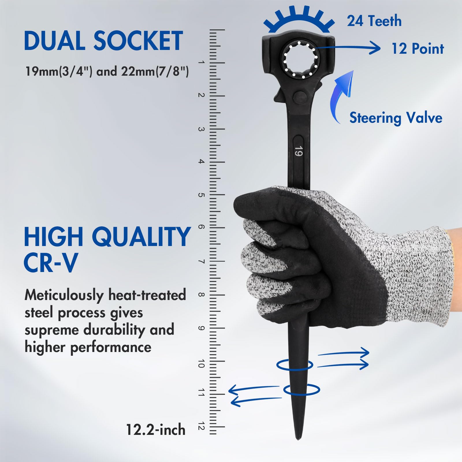 DAKCOS Cliquet d'échafaudage 19/22 mm 3 en 1 réversible droite/gauche en CR-V avec phosphatation noire résistante à la corrosion