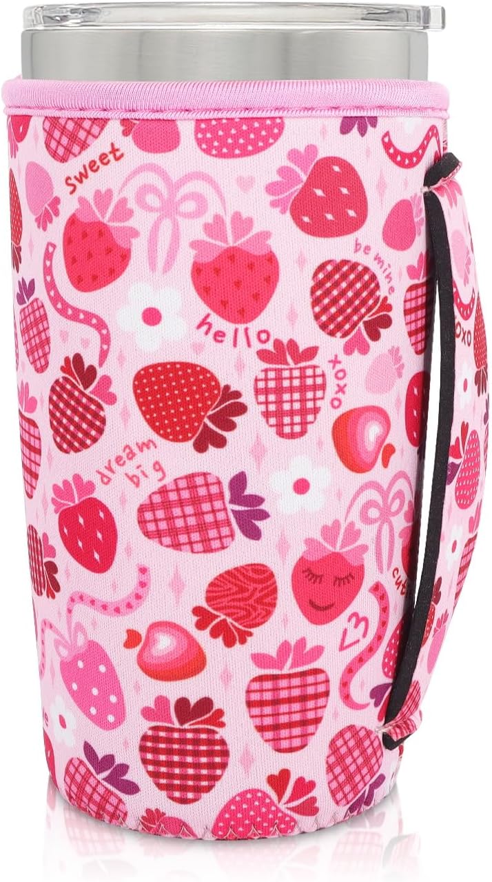 Neoprene Insulated Sleeves Cup Holder with Handle for 20oz Tumbler Cups, Reusable Iced Coffee Sleeve For 30oz - 32oz coffee cups(Lovely Strawberry）