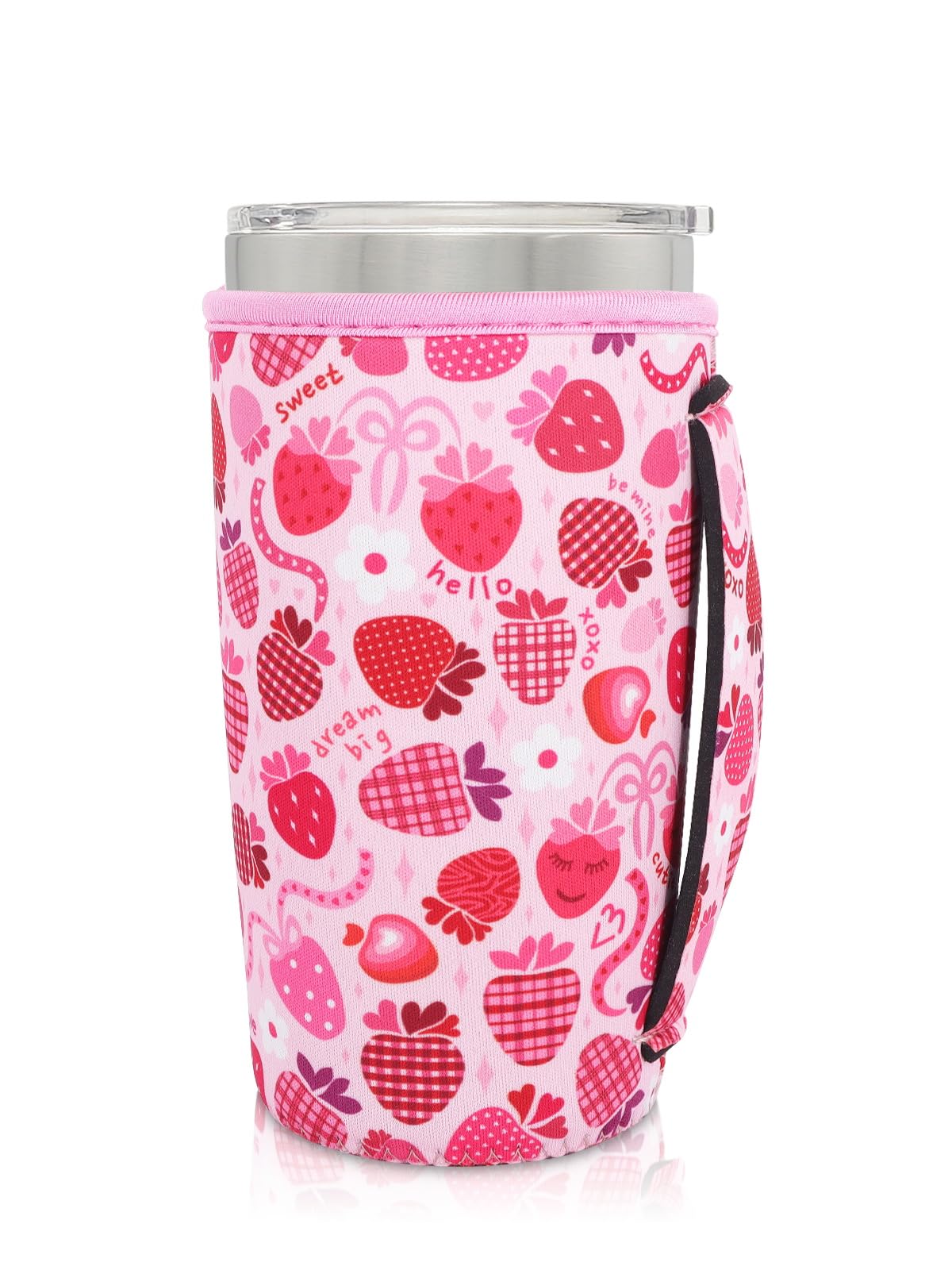 Neoprene Insulated Sleeves Cup Holder with Handle for 20oz Tumbler Cups, Reusable Iced Coffee Sleeve For 30oz - 32oz coffee cups(Lovely Strawberry）