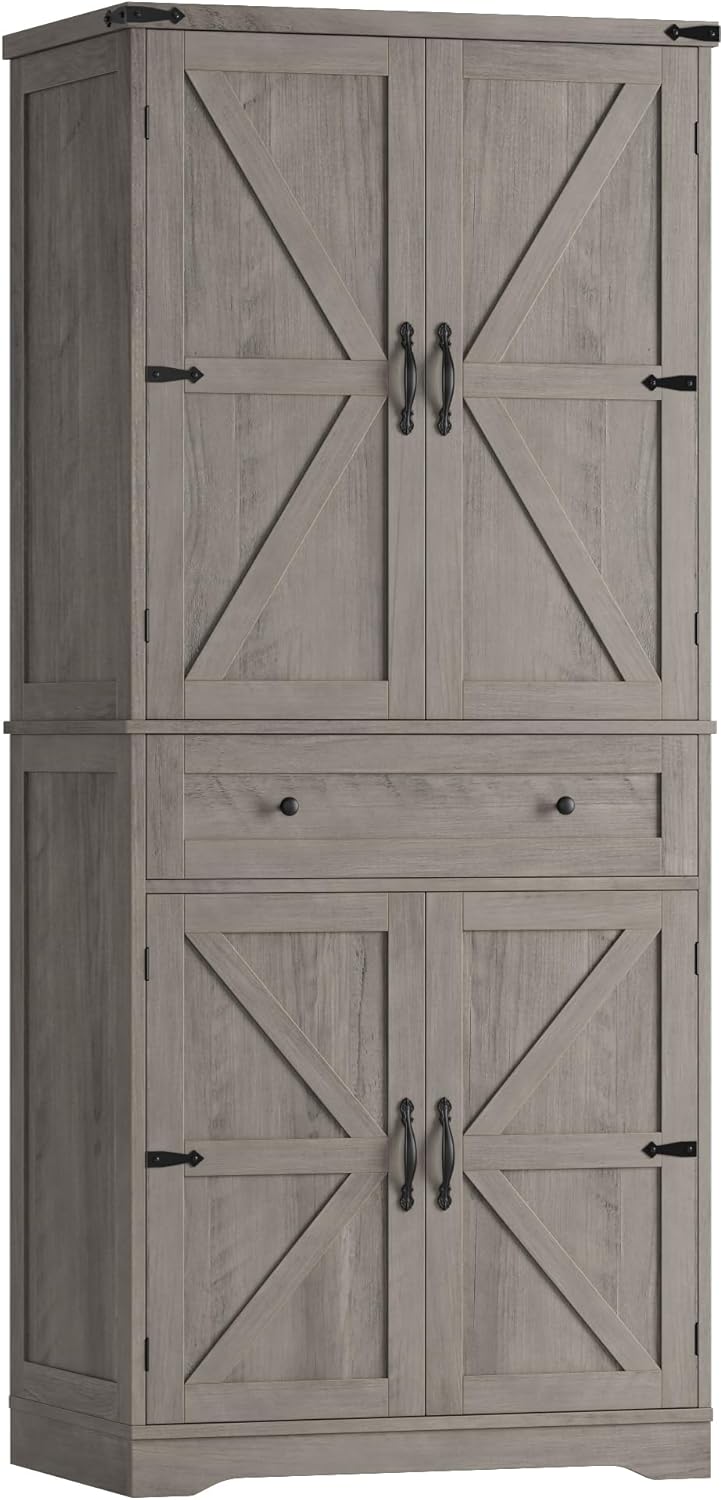 HOSTACK 71″ Tall Pantry Cabinet, Farmhouse Kitchen Pantry with Storage Shelves, Barn Doors Food Storage Cabinet, Freestanding Kitchen Hutch with Large Drawer for Dining Room, Living Room, Ash Gray HOSTACK 71″ Tall Pantry Cabinet, Farmhouse Kitchen Pantry with Storage Shelves, Barn Doors Food Storage Cabinet, Freestanding Kitchen Hutch with Large Drawer for Dining Room, Living Room, Ash Gray