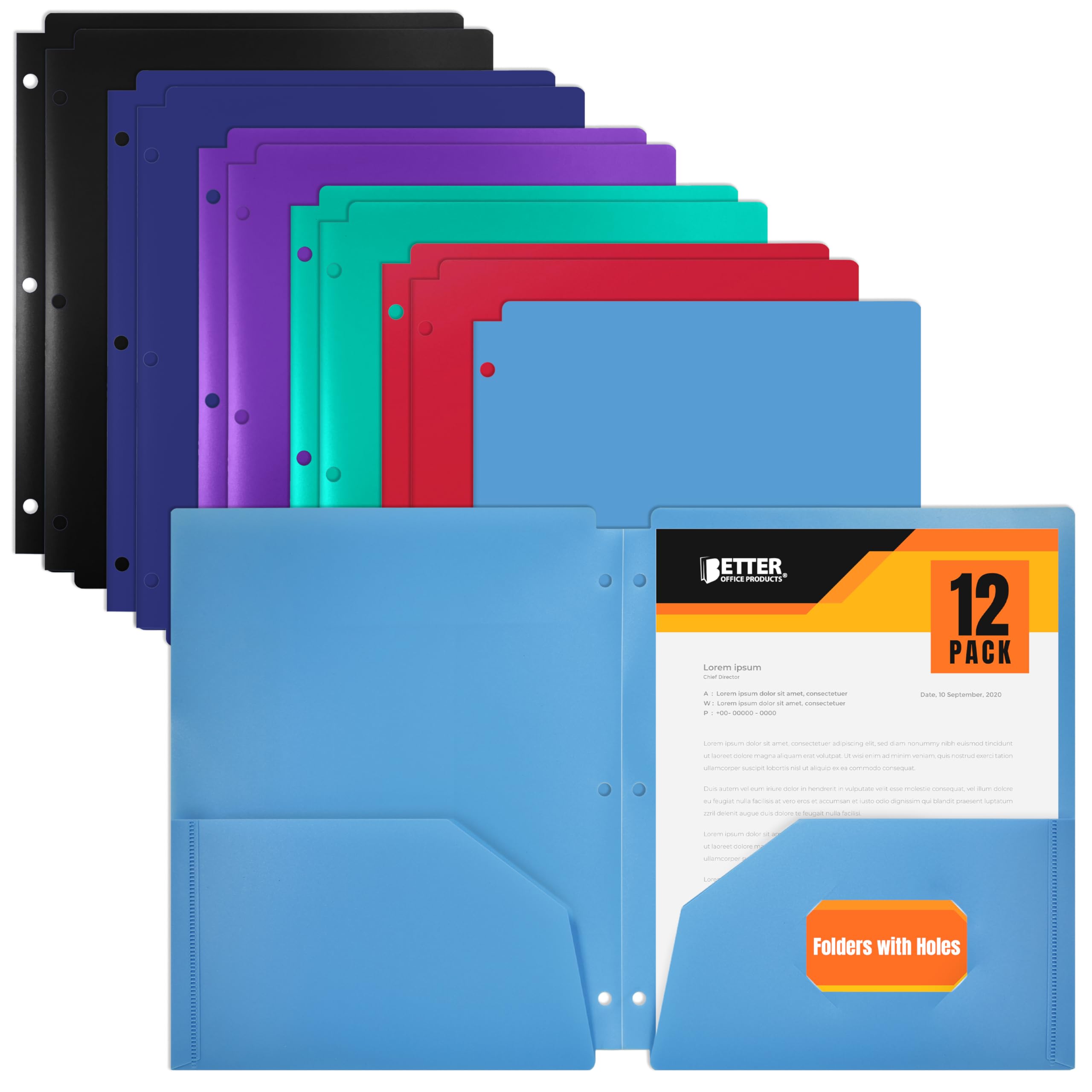 Better Office Products 3 Hole Punch Pocket Folders, Bulk Pack, Sturdy Plastic 2 Pocket Folders, Assorted Primary Colors, Letter Size, with Business Card Slot,(12 Pack)