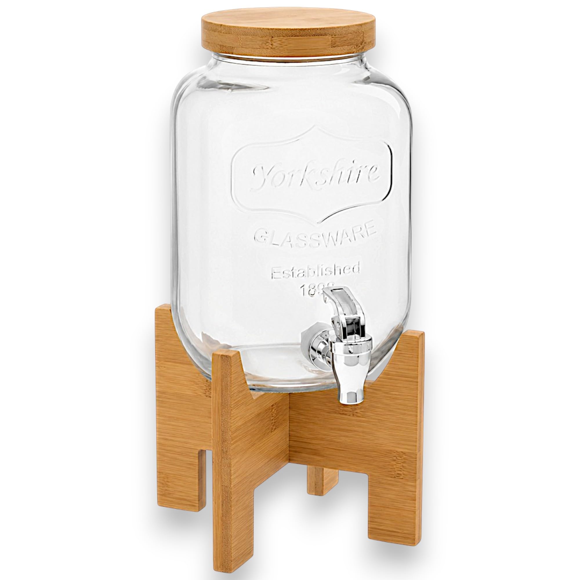 KORAT - Dispenser Bevande in Vetro con Rubinetto e Supporto in Bambù, Contenitore per Acqua, Limonata, Cocktail e Succhi, Tappo Ermetico, 8 LT - 18x24x44 Cm