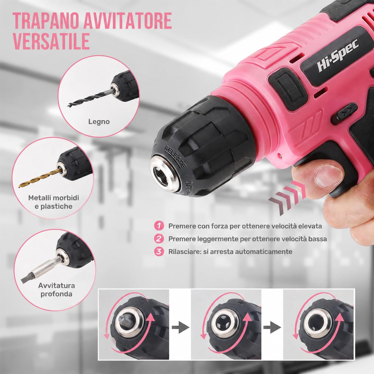 Hi-Spec Set Attrezzi Rosa con Trapano 8V. Kit Completo Trapano Elettrico Ricaricabile USB Senza Fili per Donne, Riparazioni e Manutenzione Domestica Fai-da-Te, in Valigetta Compatta