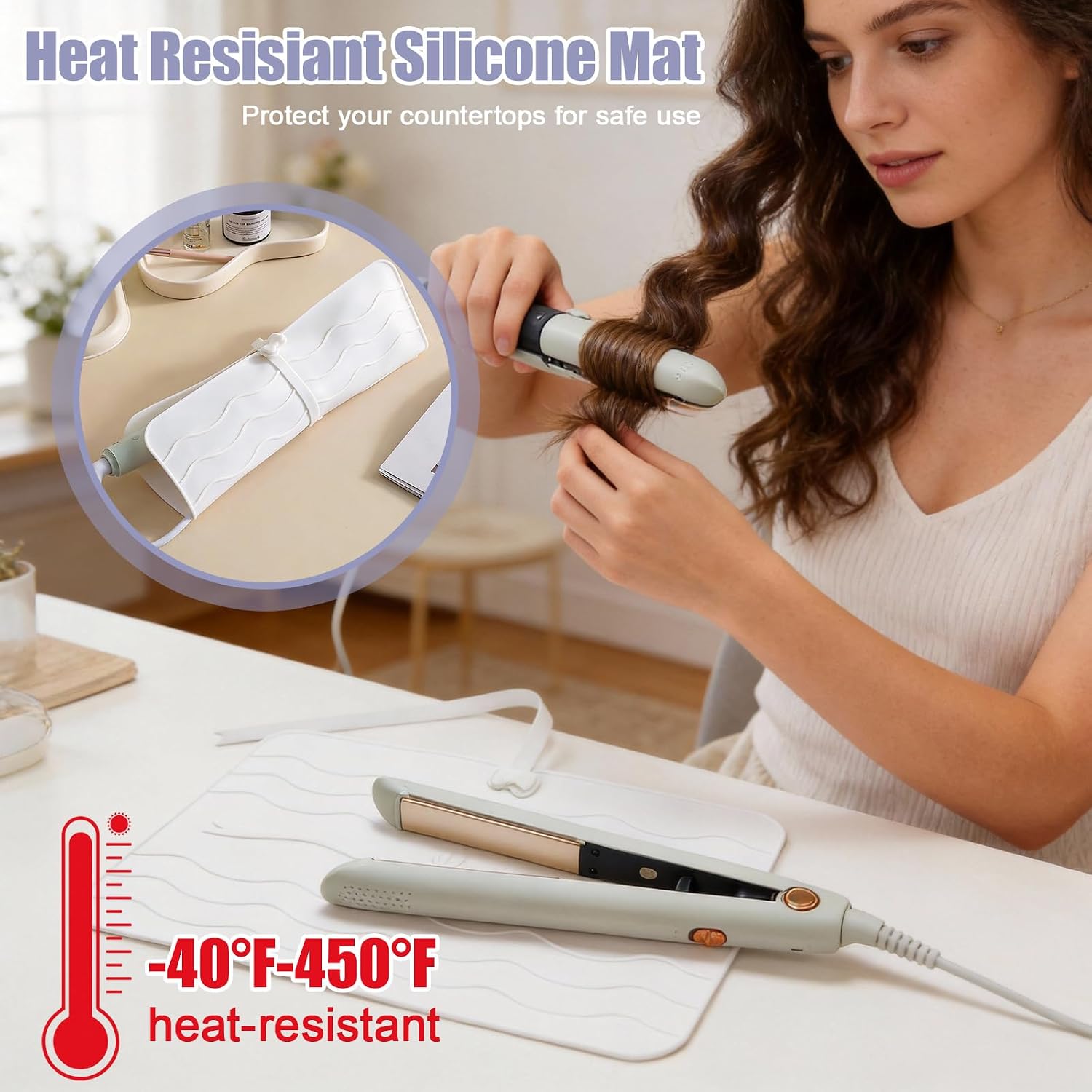 Curling Iron Mat Heat Resistant, Silicone Mat with Storage Pockets image 5