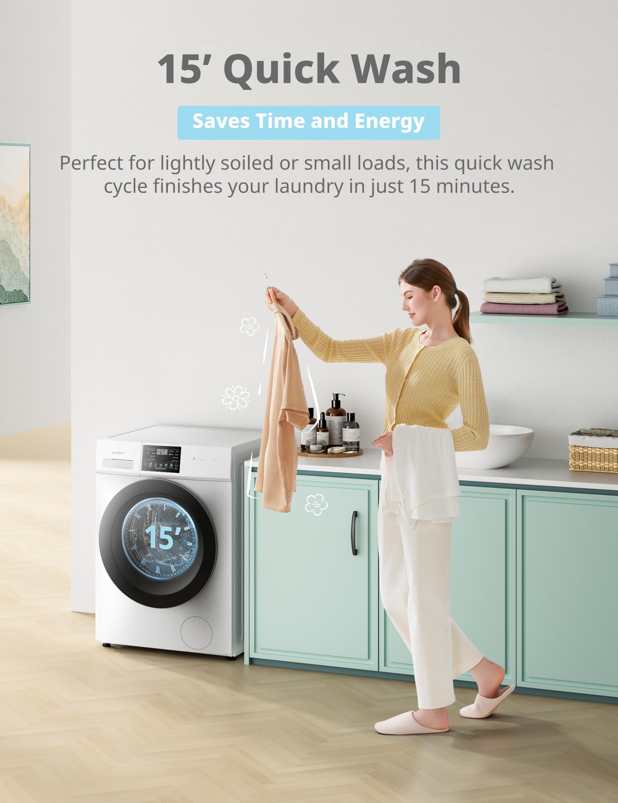 COMFEE' Freestanding Washing Machine,10KG Load,A-10% Class, 1400RPM, Steam Care,BLDC Motor,Woolmark,Touch Panel,White-CFP03EW100W-UK — view 6