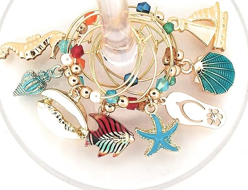 Beach Wine Charms For Beach Lovers, Beach Gifts, Nautical Glass Identifiers, Shell Glass Tags, Starfish, Boat, Flip Flops, and Fish Glass Markers, 8