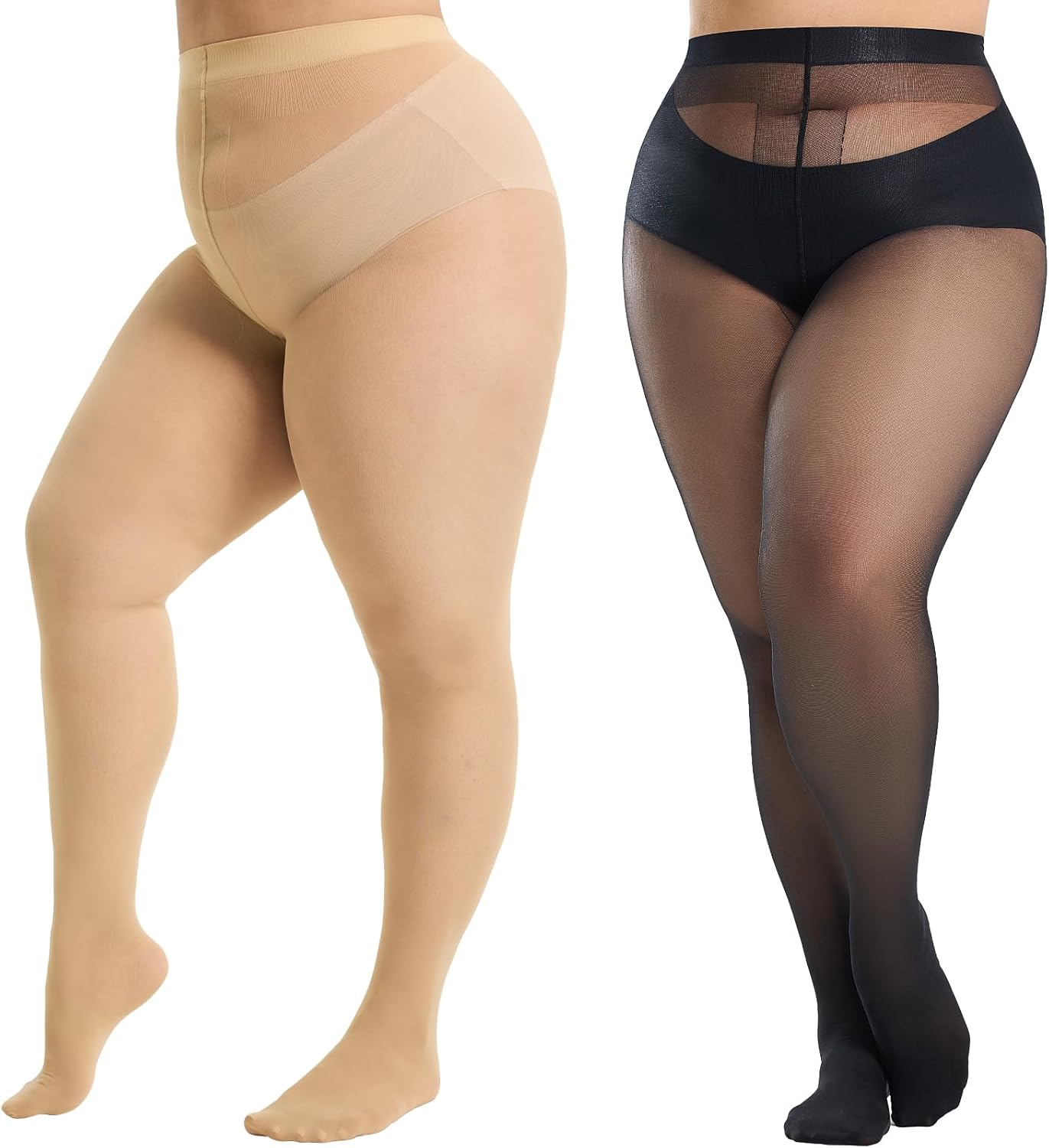 2 Pairs Plus Size Tights for Women, 40D Semi Sheer T-Crotch Pantyhose High Waist Stockings with Reinforced Toe