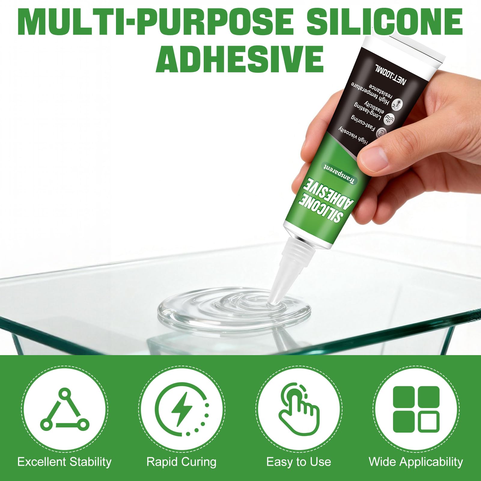 ALLONY Silicone Trasparente, Silicone Trasparente Sigillante, Colla per Modellismo, Elasticità, Impermeabile, Adatto per Vetro, Metallo, Ceramica, Plastica, 100ML