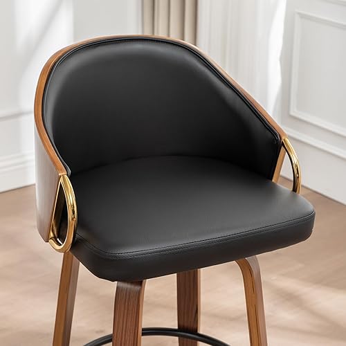 Miniatura 7 de Juego de 2 taburetes de bar giratorios de 30 pulgadas de altura, de cuero negro, sillas de bar modernas de mediados de siglo con patas de madera y