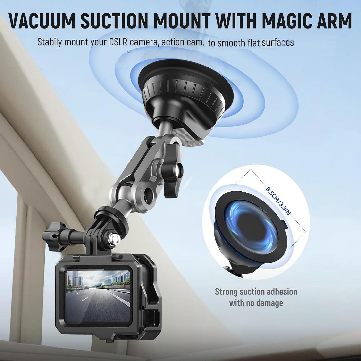 Supporto a Ventosa per GoPro Hero 13/12/11, Accessori action cam per Auto con testa a sfera girevole a 360°, Connettore da 1/4" compatibile con Insta360 X5/X4, per DJI Osmo Action 5/Procket