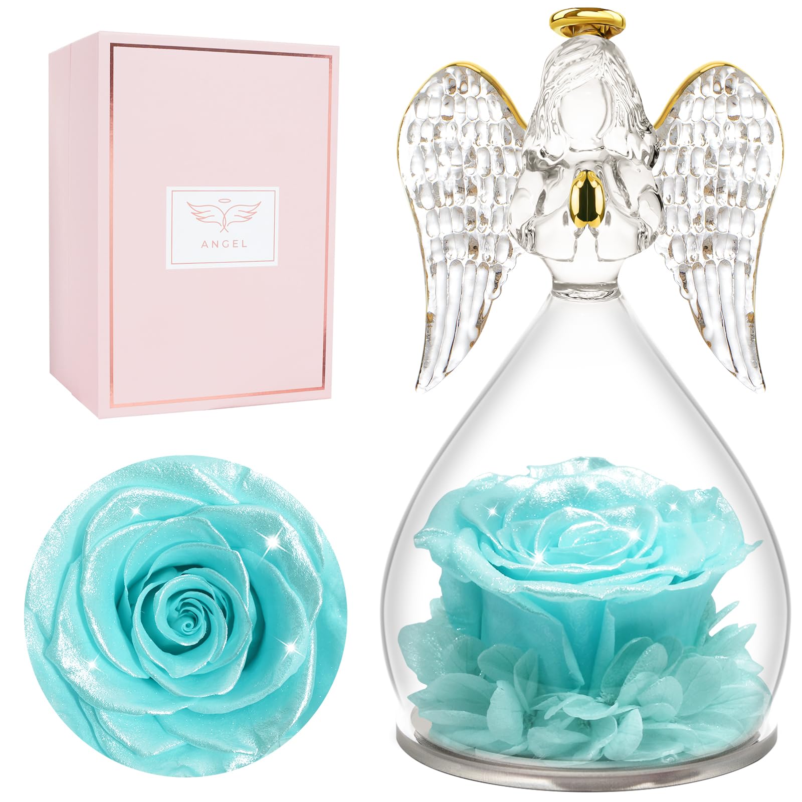 Miofula Gifts for Mom Birthday Gifts for Women, Preserved Flowers Rose in Glass Angel Figurines, Fresh Flowers for Delivery Anniversary Forever Real Roses Gifts for Mothers Grandma Her Wife Girlfriend