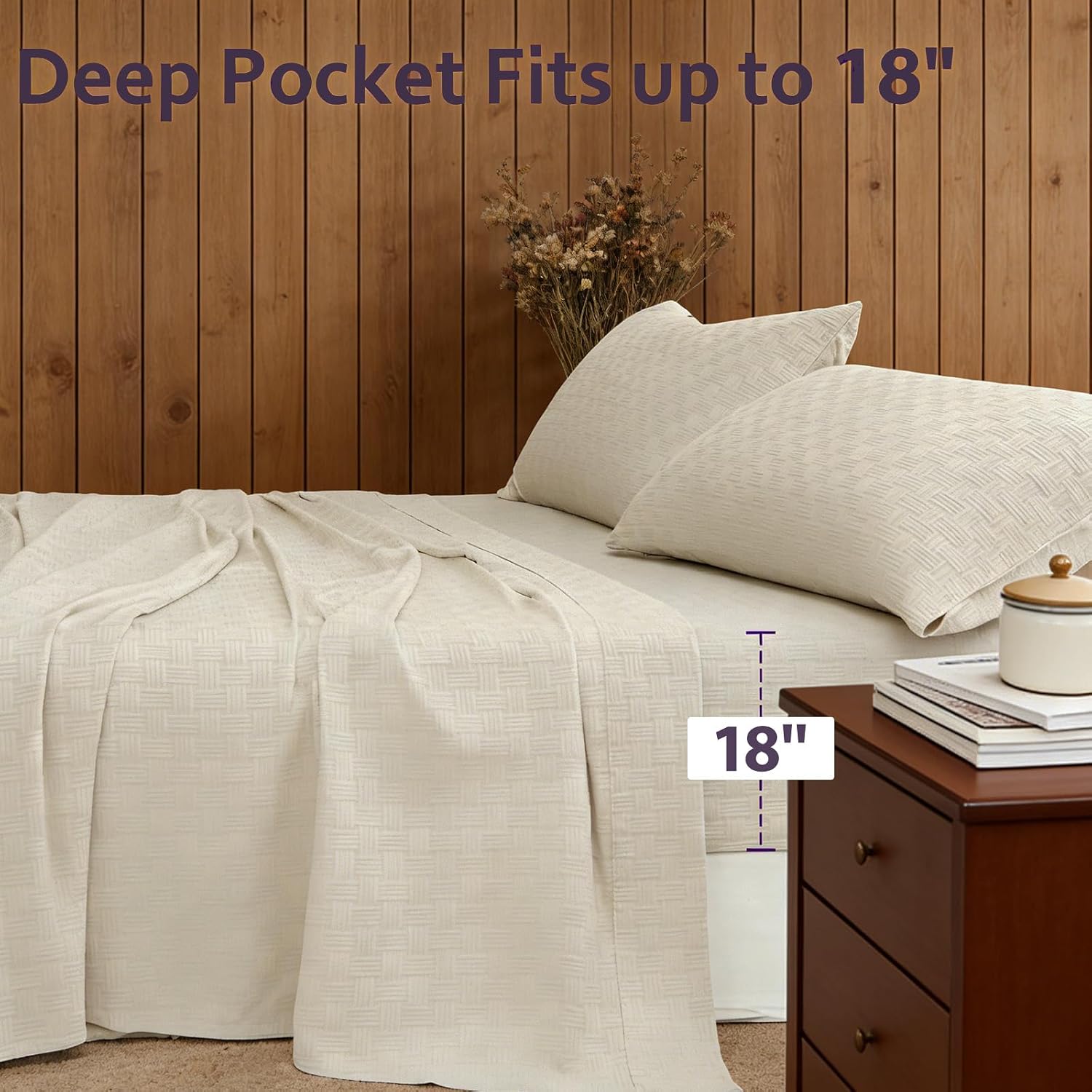 Woven Grid Soft Bed Sheets 4 Piece Set - Luxury Full Size Sheets - Easy Care with 1 Fitted Sheet, 1 Flat Sheet & 2 Pillowcases - Deep Pocket Up to 18 Inches (Cream)
