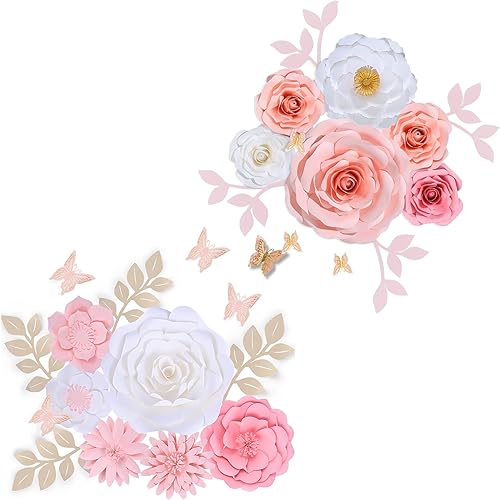 Decoraciones de flores de papel para pared, ramo gigante de flores artificiales 3D hechas a mano con hojas y mariposas, kit de 28 piezas, elegante