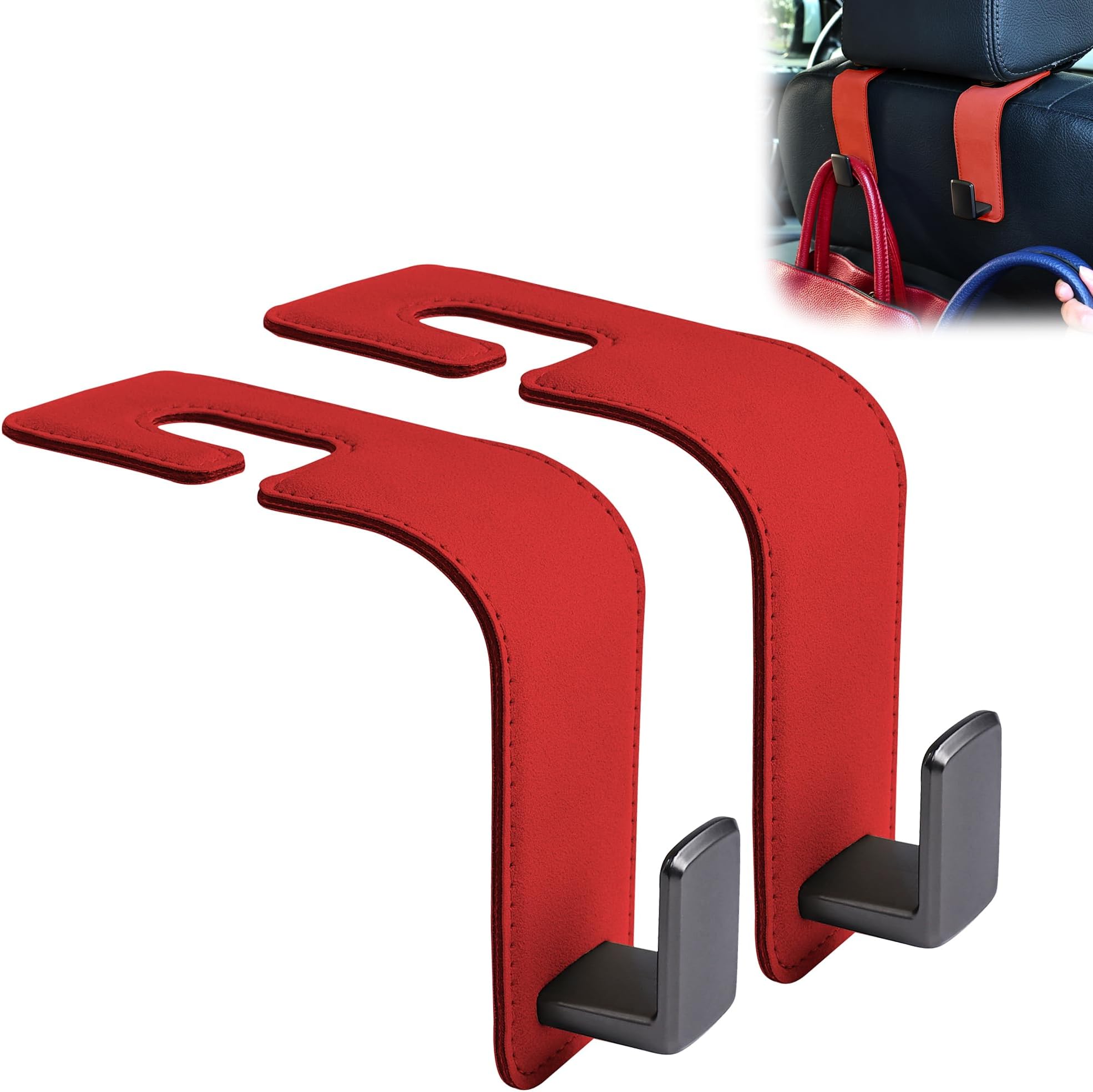 Amooca Car Seat Back Hook Universal Auto Storage Hanger Suede with Metal Car Seat Organizer for Handbag Purse Coat Umbrellas Grocery Bags 2 Pack Red