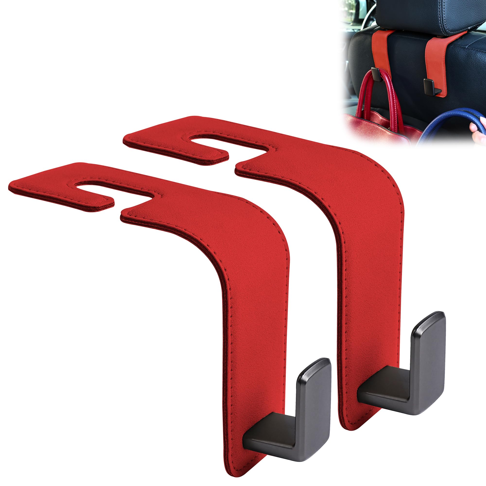 Amooca Car Seat Back Hook Universal Auto Storage Hanger Suede with Metal Car Seat Organizer for Handbag Purse Coat Umbrellas Grocery Bags 2 Pack Red