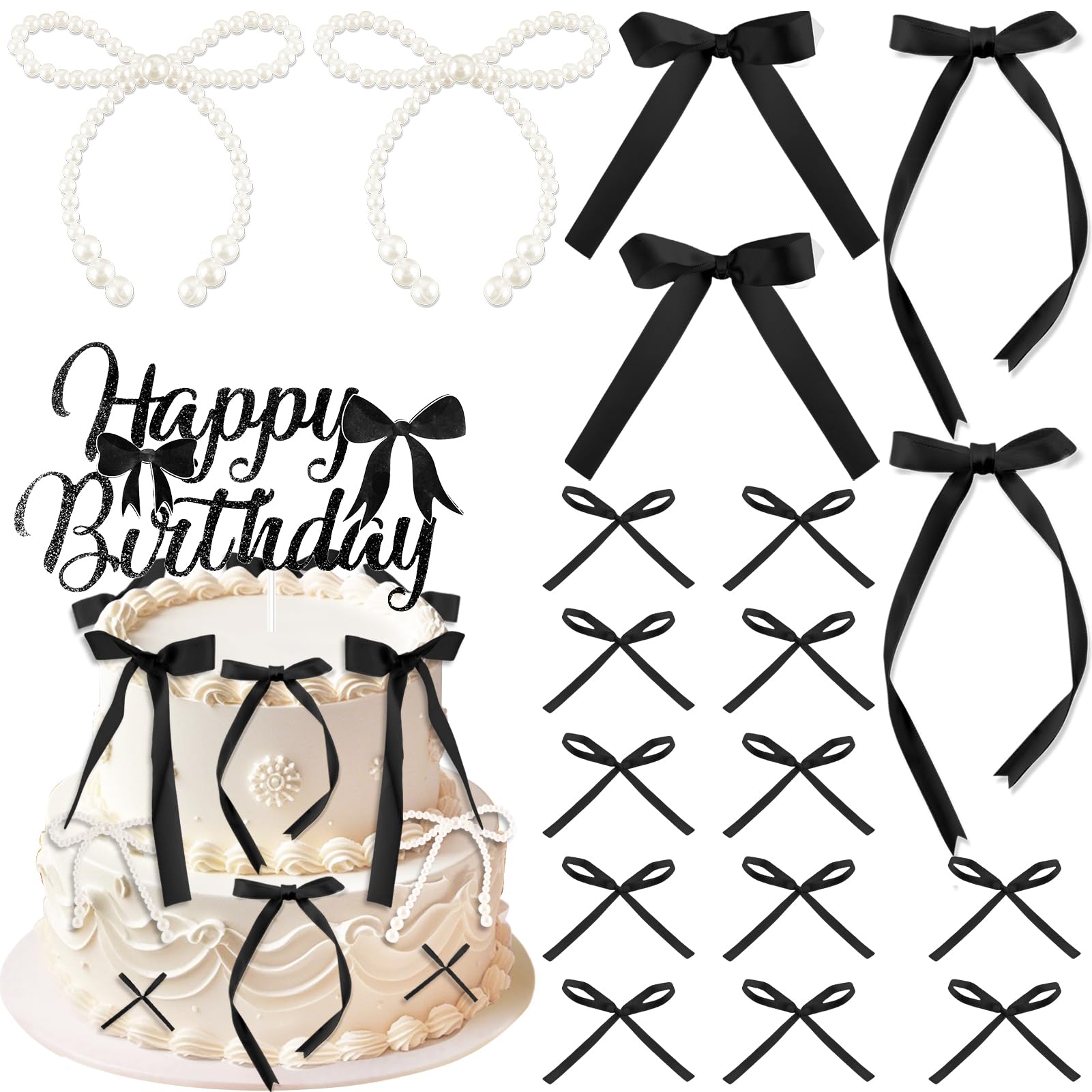 View 1 of 40Pcs Bow Cupcake Topper Black 1 Happy Birthday Pearl Bowknot Cake Topper Coquette 3D Ribbon Cupcake Decorations for Baby Shower Cute Cake Dessert Picks Aesthetic Party Wedding Room Decor Supplies