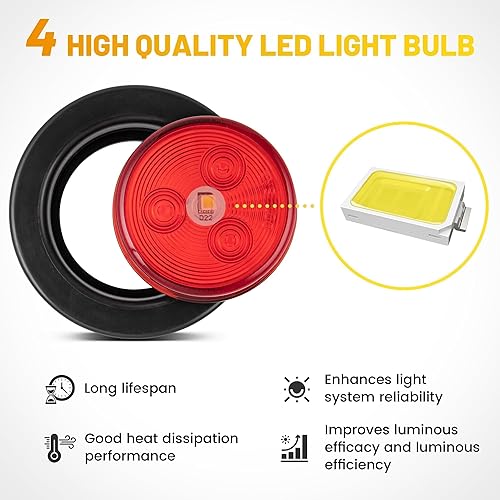 Miniatura 3 de Oyviny 5PCS Luces Marcadoras Laterales LED Redondas Rojas de 2 Pulgadas, Luces de Gálibo de Montaje Empotrado Impermeables de 2" para Camión Semi