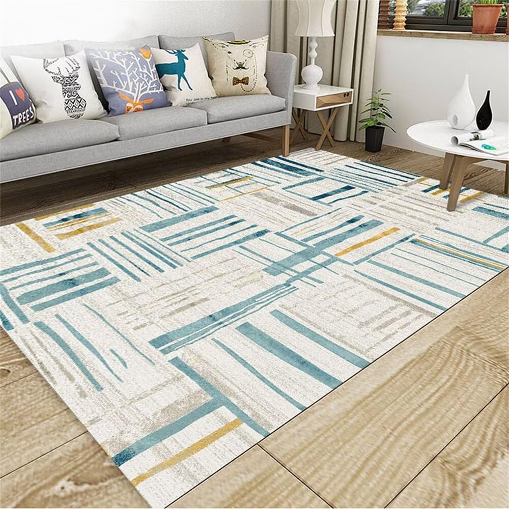 Tapis enfant bleu 180x280cm à rayures géométriques et poil court