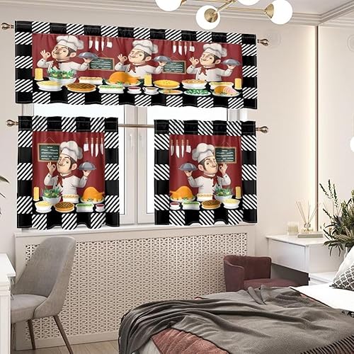 Miniatura 22 de Cenefa de cortina de chef para decoración de ventanas, panel de cortinas cortas con bolsillo para barra de cocina, gourmet en rojo burdeos, cortinas