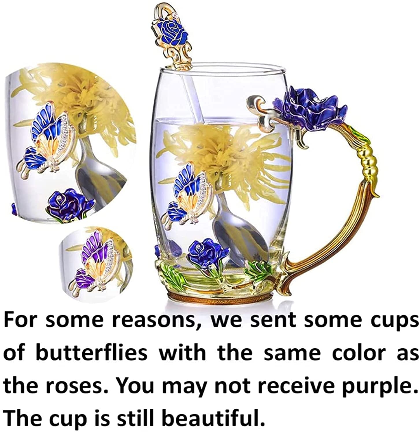 Kaffeetassen aus Glas mit Blumenmotiv, Emaille-Glastasse, Emaille-Blumen-Teeglas, Kaffeetasse, Glastasse, Teetasse aus blauem Rosen-Emaille-Kristall, Kaffeetassen aus Glas mit Blumenmotiv, Schmetterli