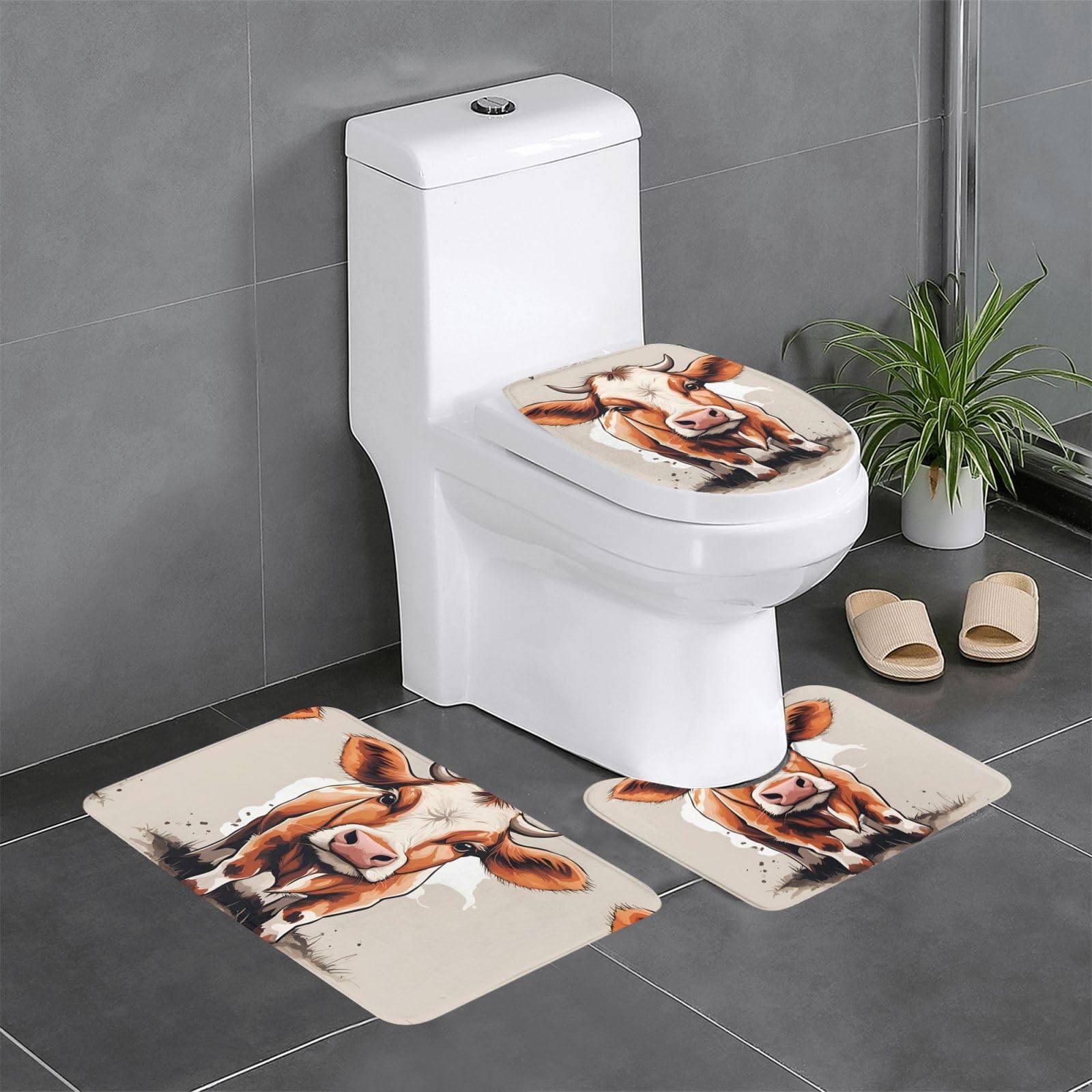 Tapis de salle de bain lot de 3 motif vache pour décorer toilettes et coiffeuse