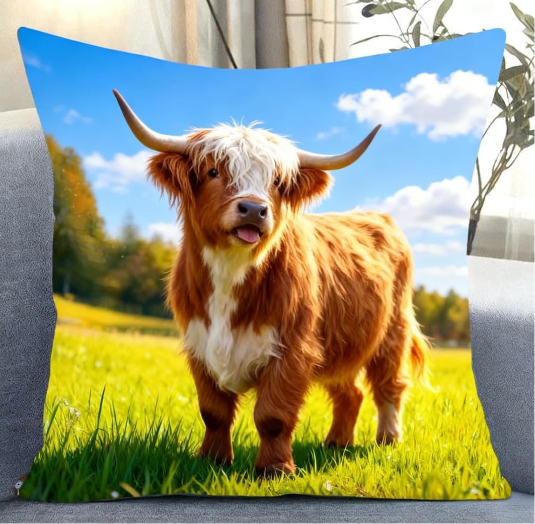 Nahuigood 11Ct Pre-Printed Embroidery Kit Animal Highland Cattle 45X45cm Diy Embroidery With Printed Pillow Pre-Printed Cross-Stitch Embroidery Cushion Cover