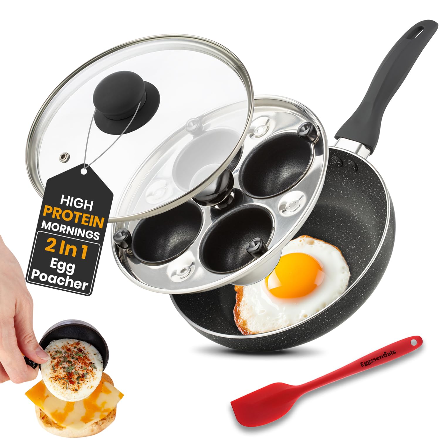 2 IN 1 Egg Pan & Poacher, Granite Nonstick Fry Pan with Lid, Poached Egg Maker - 4 Cups