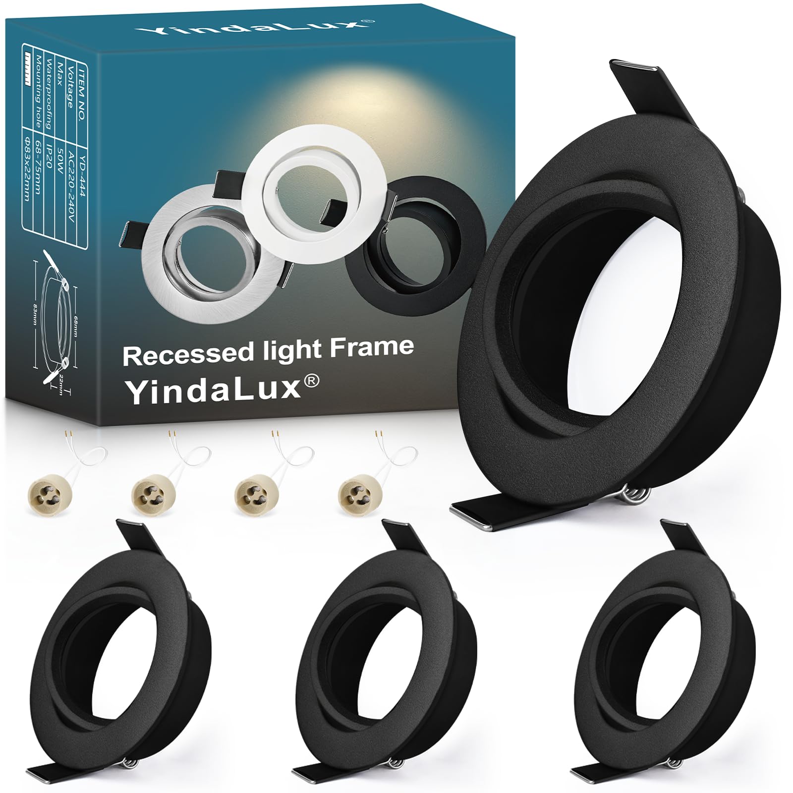 YindaLux 4 Pack GU10 Downlight Bezels Black, 45° Adjustable Aluminium Recessed Spotlight Frames, 230V with GU10 Holder, Ø84mm, Cut-Out 68-75mm, Round Ceiling Spots, No Bulb