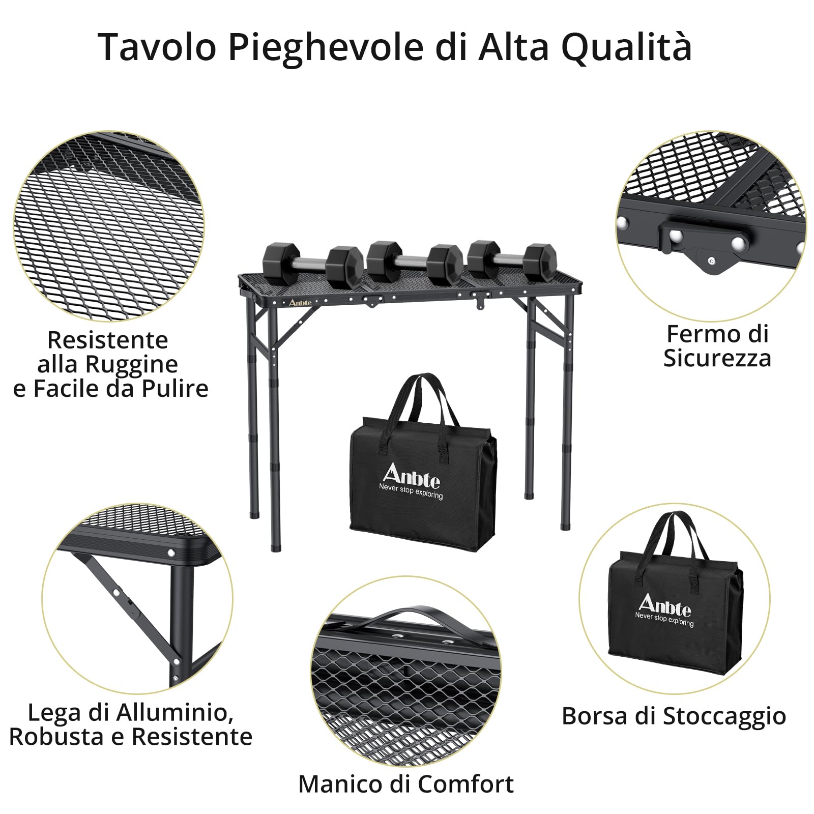 Tavolo Pieghevole Da Campeggio Anbte - Tavolino Regolabile In Altezza Con Rete, Ideale Per Picnic, Giardino E Balcone - Foto 11
