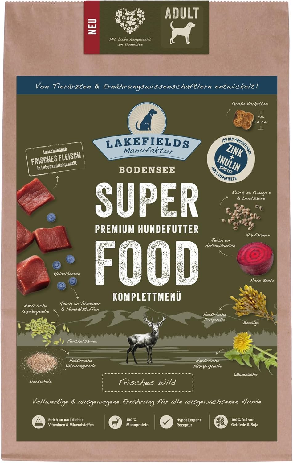 LAKEFIELDS MANUFAKTUR - SUPERFOOD - sucha karma dla psów premium, dzika 61%, sucha karma bez zbóż dla dorosłych psów, pojedyncza karma z dziczyzną, nasionami konopi i burakami, wymiary: 3 x 1 kg
