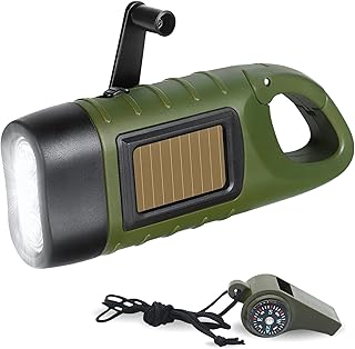 Pack Linterna LED Recargable Carga Solar + Silbato de Emergencia con Termómetro y Brújula - Kit de Supervivencia, Camping y Montaña