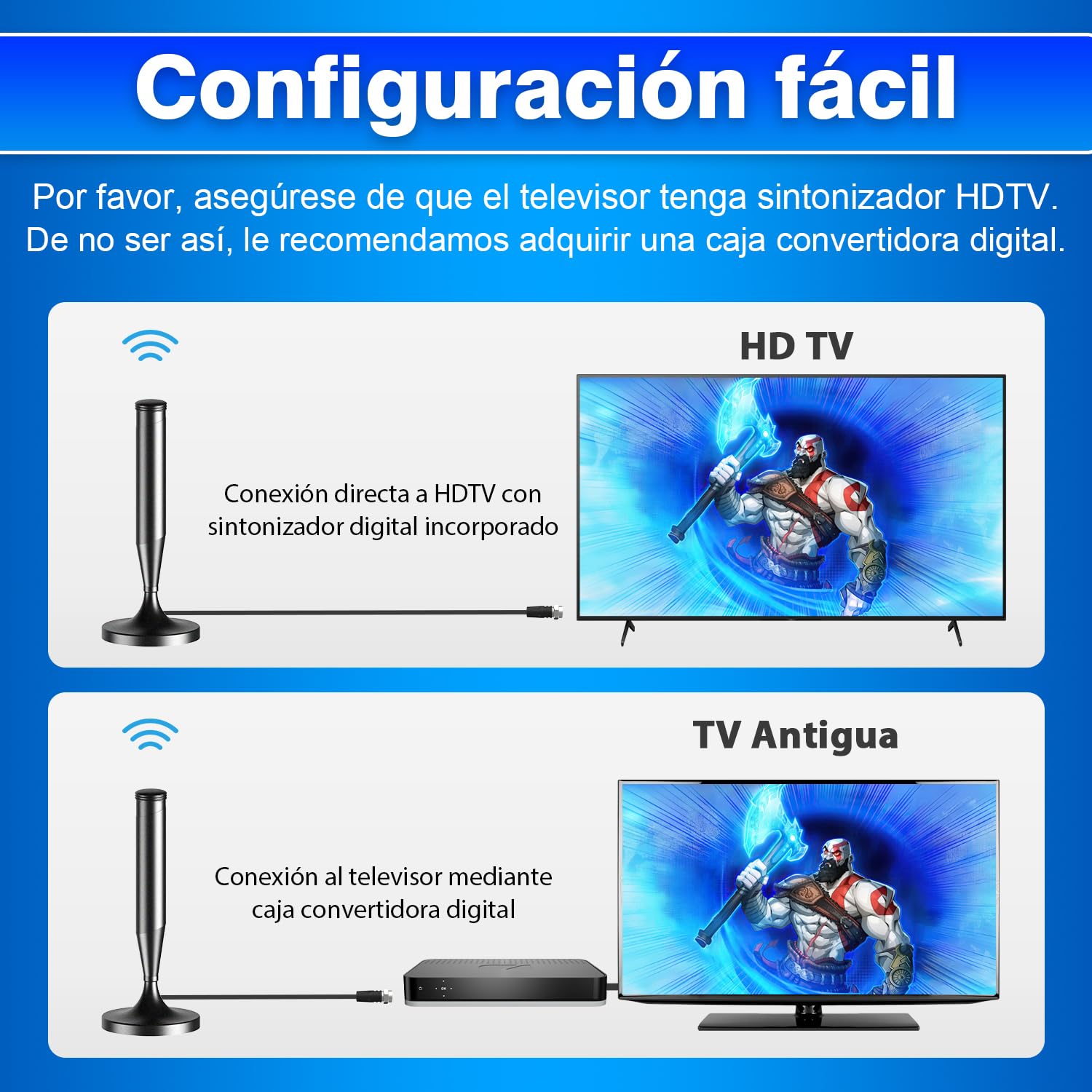 Antena TV Interior 2026 Mejorada para Smart TV – Recepción 360° con Señal Estable de Largo Alcance, Base Magnética Potente, Cable Coaxial de 5 m, Compatible 4K y 1080P, Canales TDT Locales Gratis
