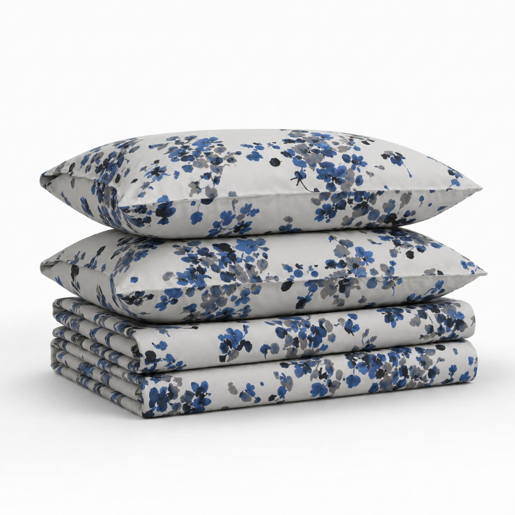 Tribeca Living Juego de sábanas Queen, satén de algodón Suave de 300 Hilos, Estampado Floral, Profundidad Extra, Juego de Ropa de Cama de 4 Unidades, Azul Lisboa/Multicolor