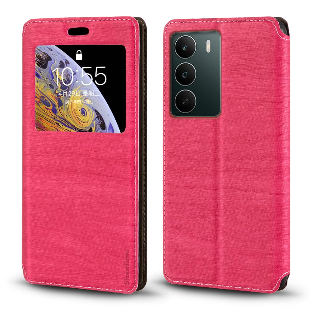 Viewable Window Leather Flip Case Compatible with OPPO Realme C75 5G RMX3943, Elegant Design Clear Display Invisible Magnetic Cover and Card Slot(Rosered)